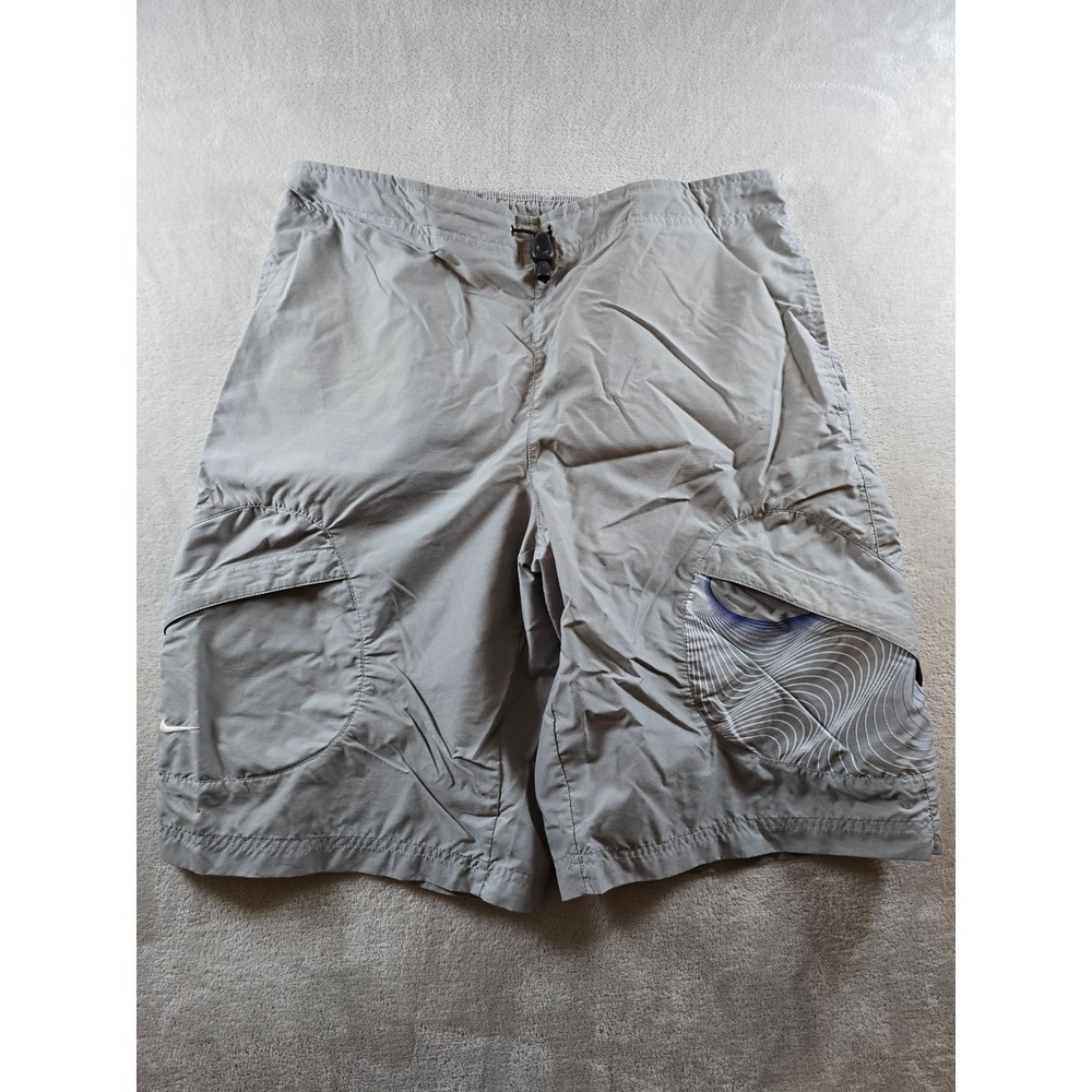 Vintage Nike Nylon Cargo Shorts Mens M Grey Drawstring Pockets Unlined Y2K *Read